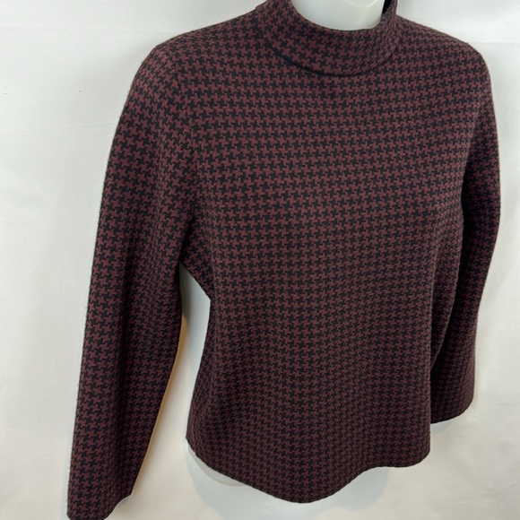 Theory Harmona Houndstooth Printed‎ Burgundy Wool Mock Neck Top Sweater Size S - Picture 6 of 12